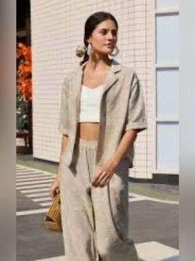 RACHEL ZOE Set Linen-Blend Wide-Leg Pants with Relaxed Button Jacket